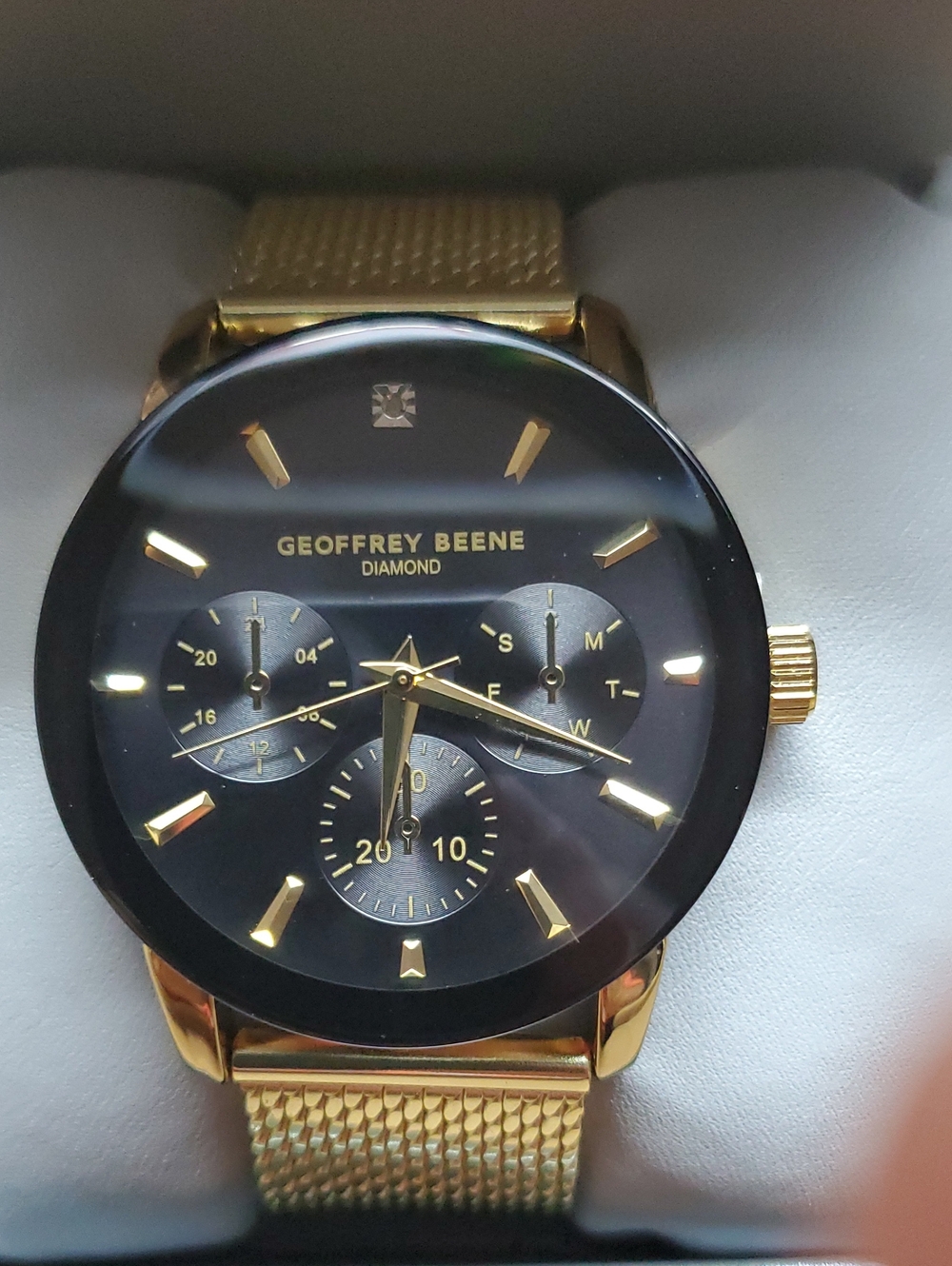 Geoffrey Beene Gold Tone Mesh Bracelet Watch with Black Dial